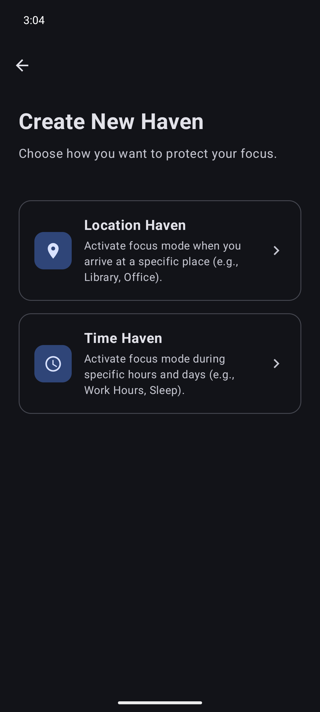 Haven screen offering Location Haven and Time Haven options