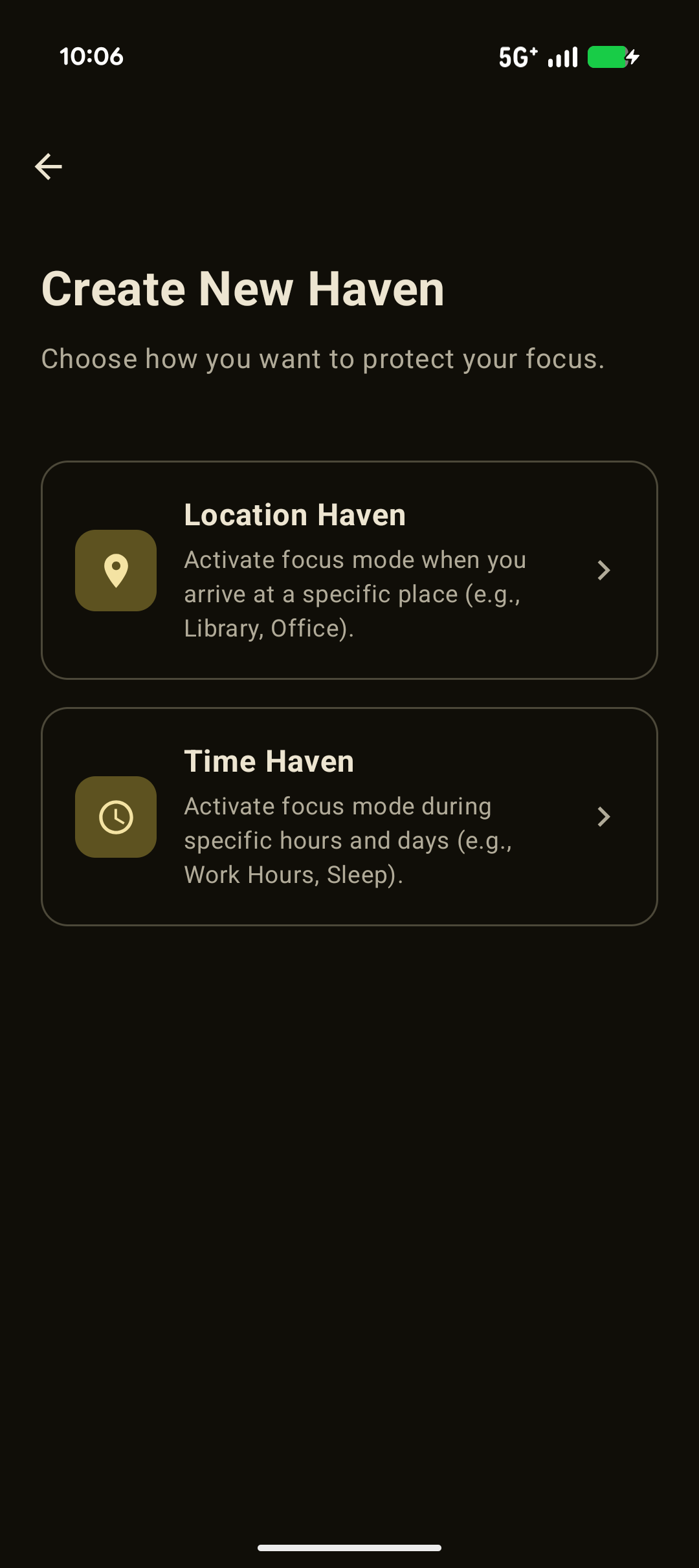 Haven’s Create New Haven screen with Location Haven and Time Haven choices.