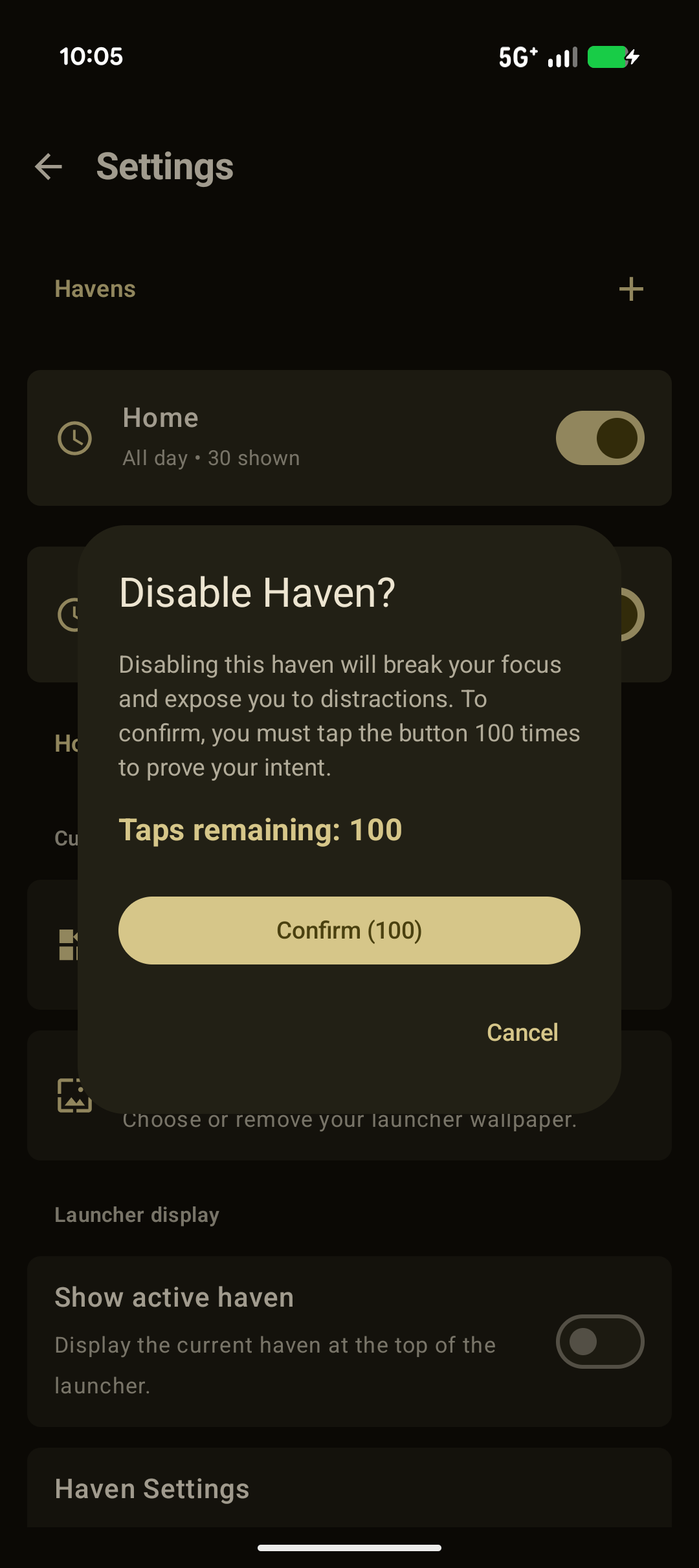 Disable Haven confirmation dialog showing 100 taps remaining and a Cancel button.