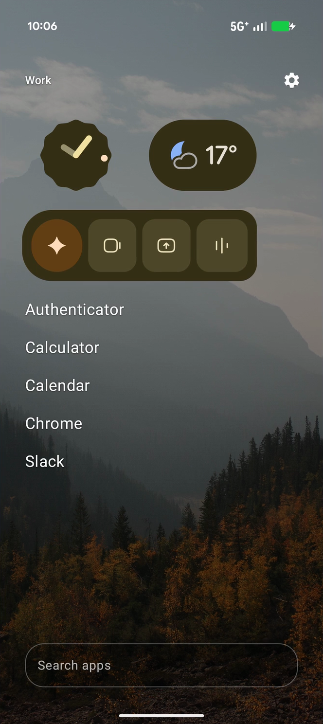 Haven home screen with a mountain wallpaper, clock and weather widgets, and a short Work app list
